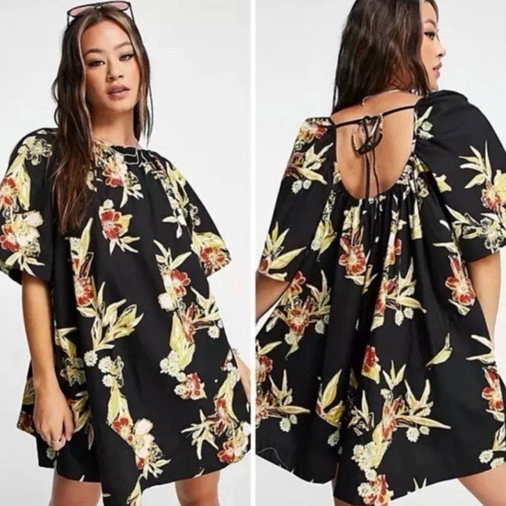 Free People Jodie Printed Tunic Black Floral Swing Dress Size L